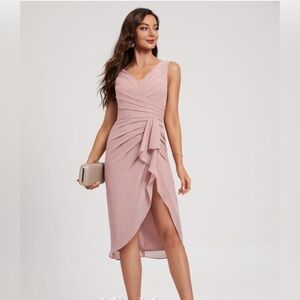 NWT JJs House 8 Sheath V-Neck Asymmetrical Chiffon Cocktail Dress Pleated Ruffle